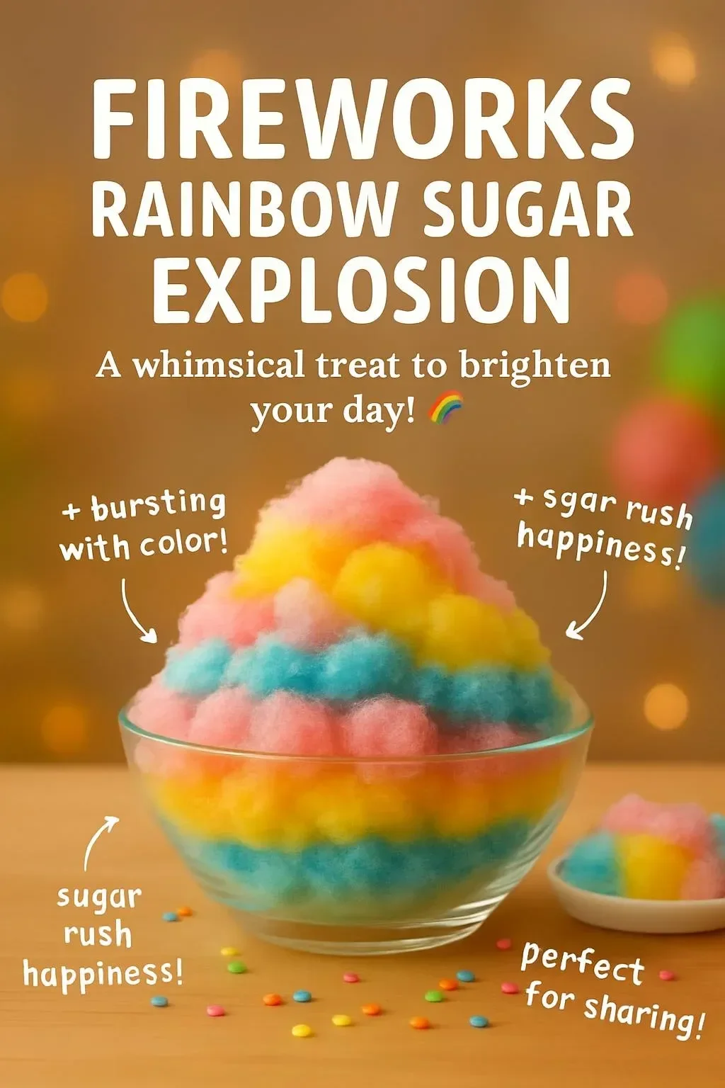 Colorful fireworks shaped like sugar explosions in a rainbow of colors.