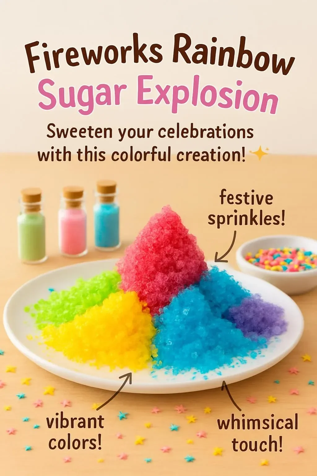 Colorful fireworks display in a rainbow sugar explosion motif.
