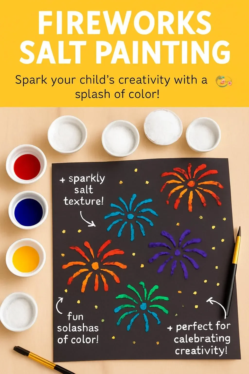 Colorful fireworks salt painting created by kids using salt and watercolors.