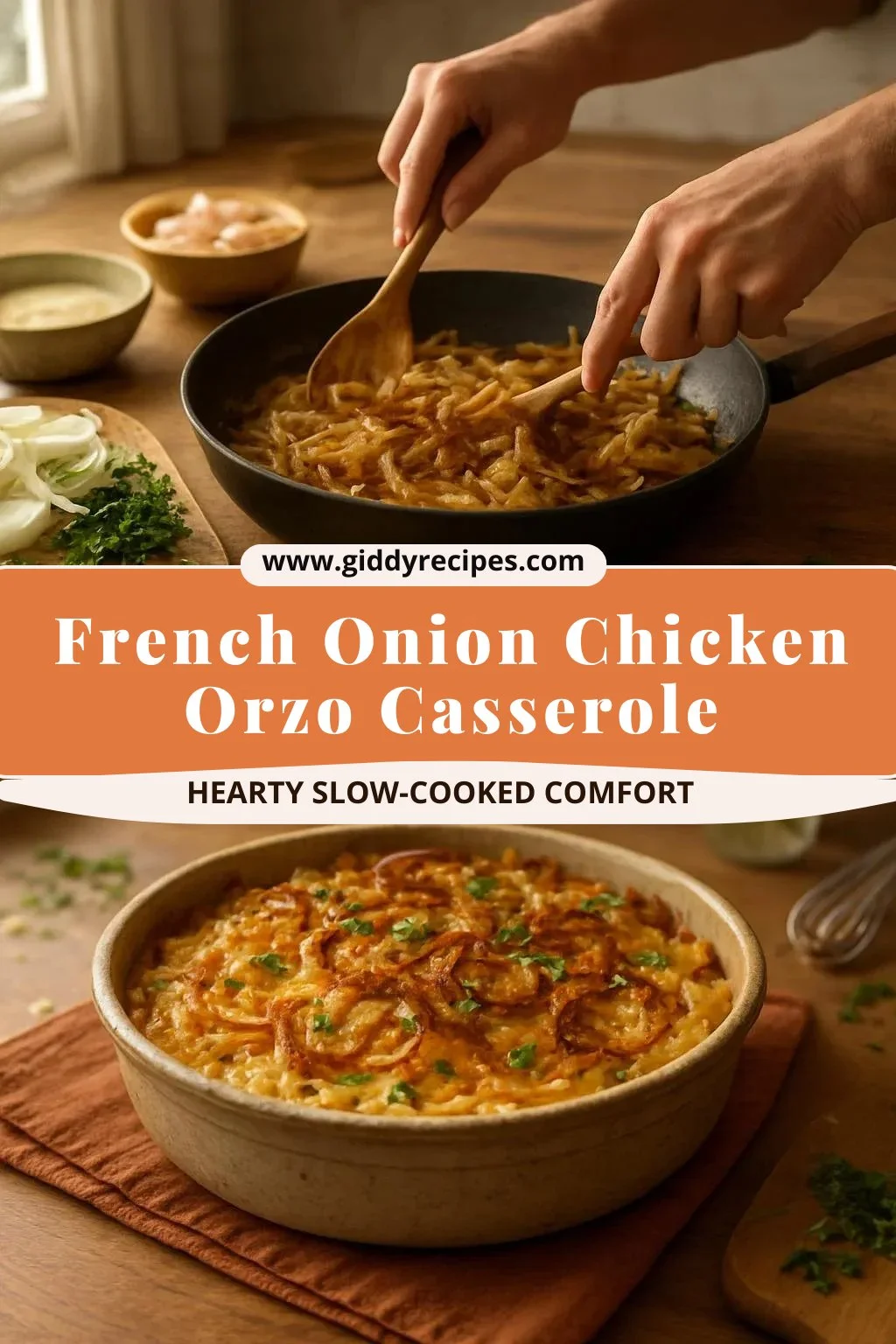 French Onion Chicken Orzo Casserole