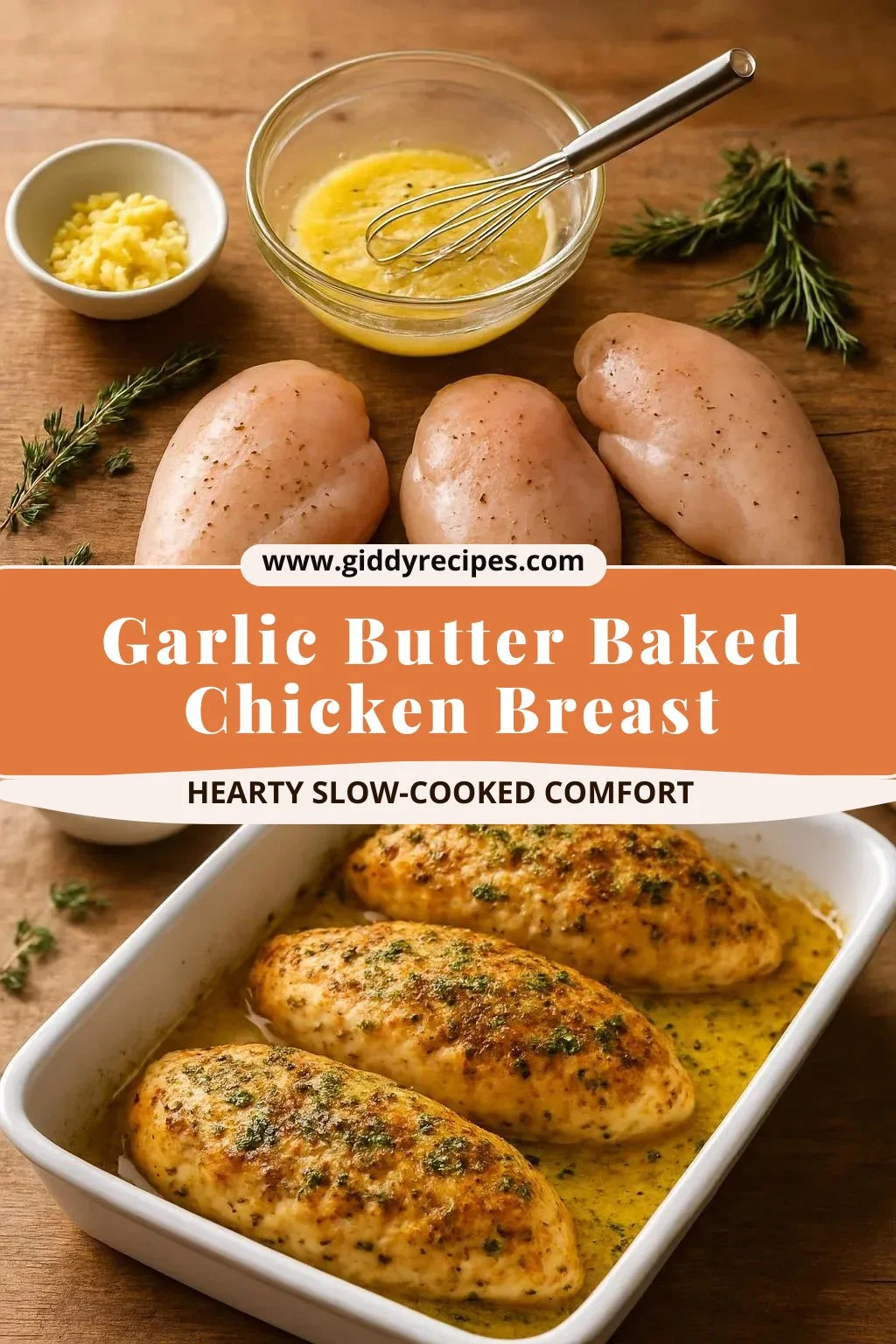 Garlic butter baked chicken breast garnished with herbs on a plate