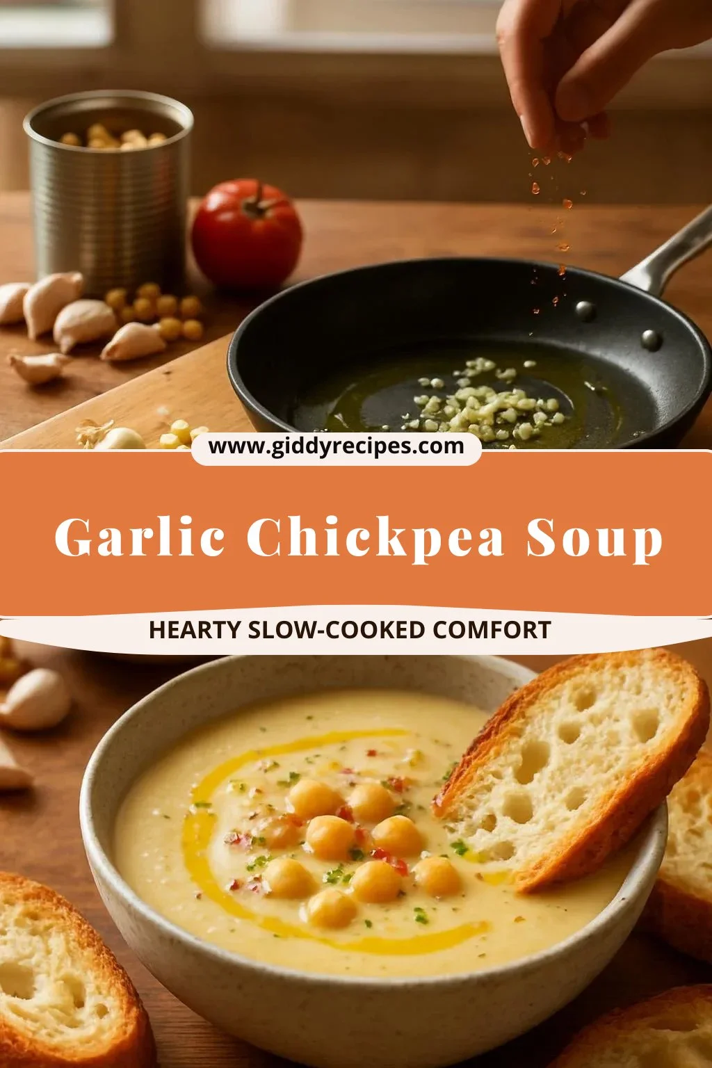Bowl of delicious Garlic Chickpea Soup garnished with herbs.