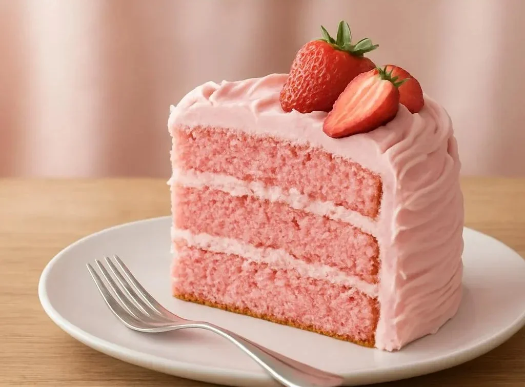 Delicious homemade strawberry cake topped with fresh strawberries and cream