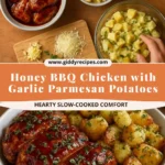 Juicy Honey BBQ Chicken served with Garlic Parmesan Potatoes on a plate