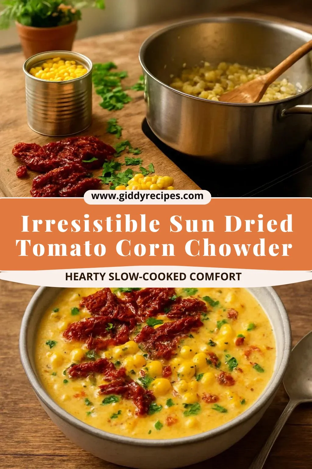 Bowl of irresistible sun dried tomato corn chowder for cozy evenings