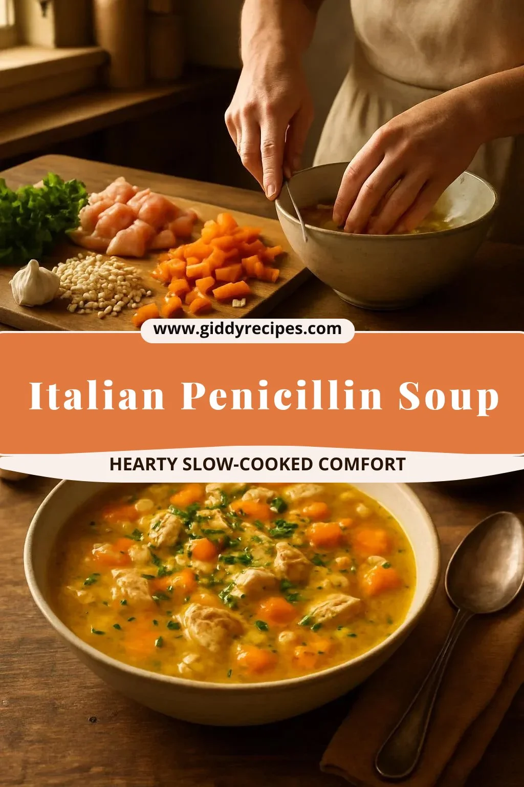 Bowl of Italian Penicillin Soup with fresh herbs and vegetables