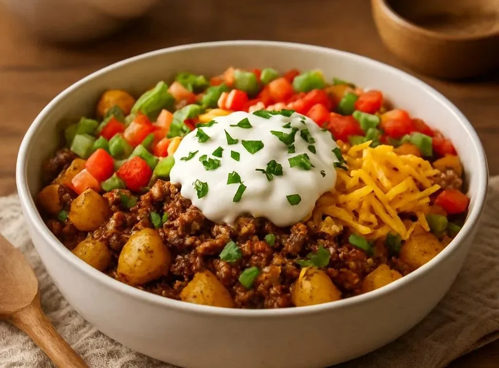 Loaded Potato Taco Bowl with toppings served in a bowl