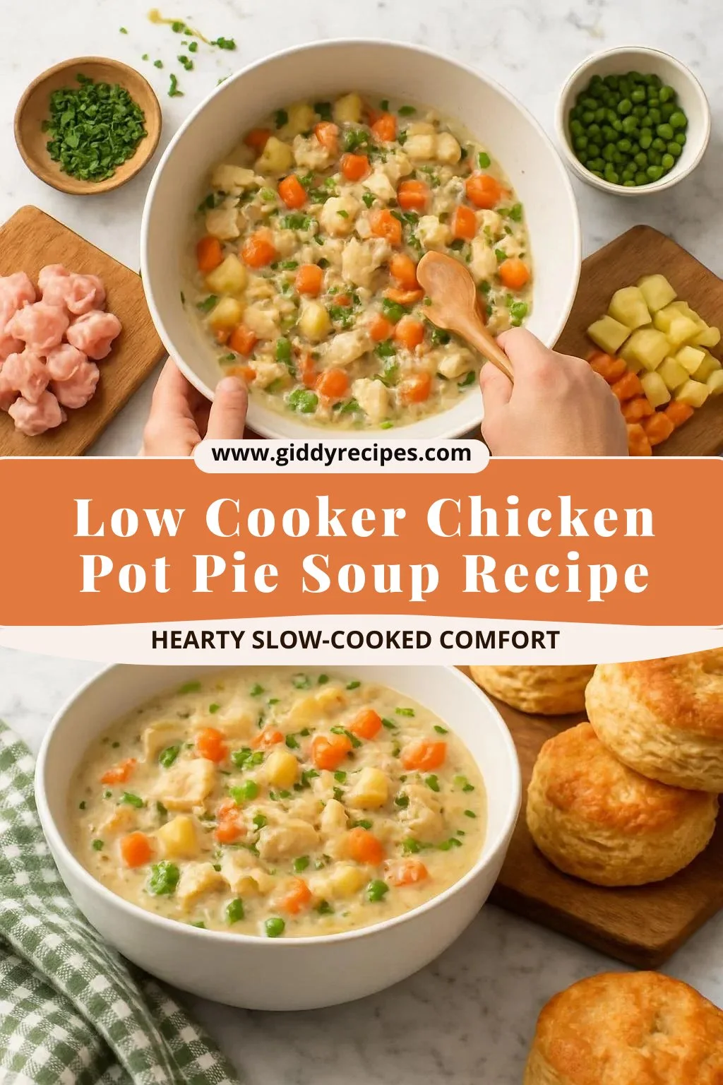 Delicious Low Cooker Chicken Pot Pie Soup served in a bowl with fresh herbs