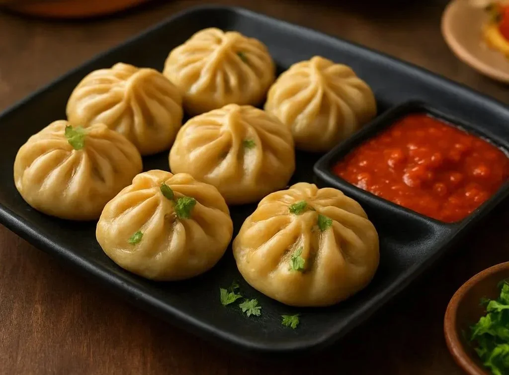 Delicious Momos, the favorite food of Nepali people, served with dipping sauce.