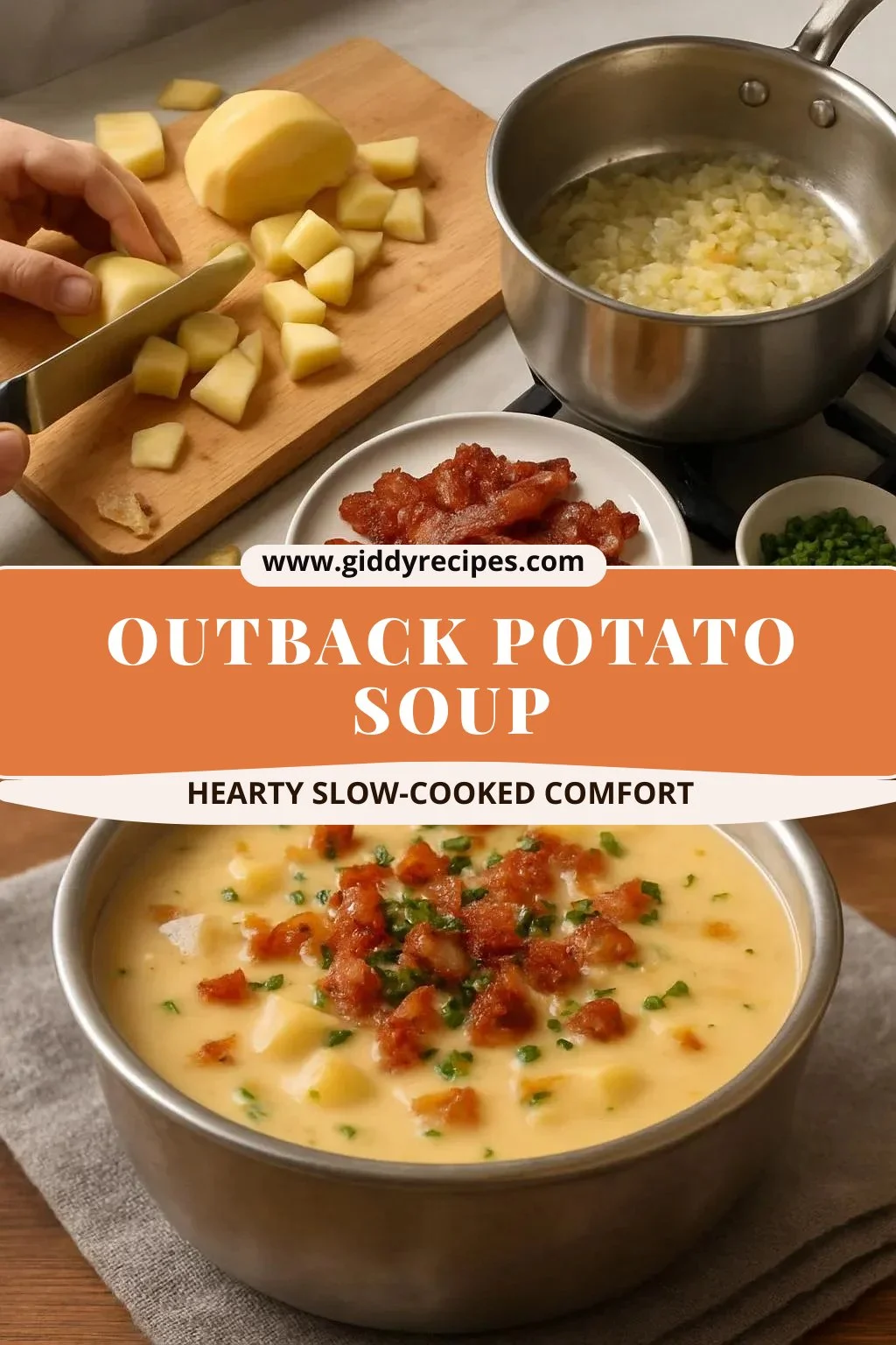 Bowl of creamy Outback potato soup garnished with chives and bacon