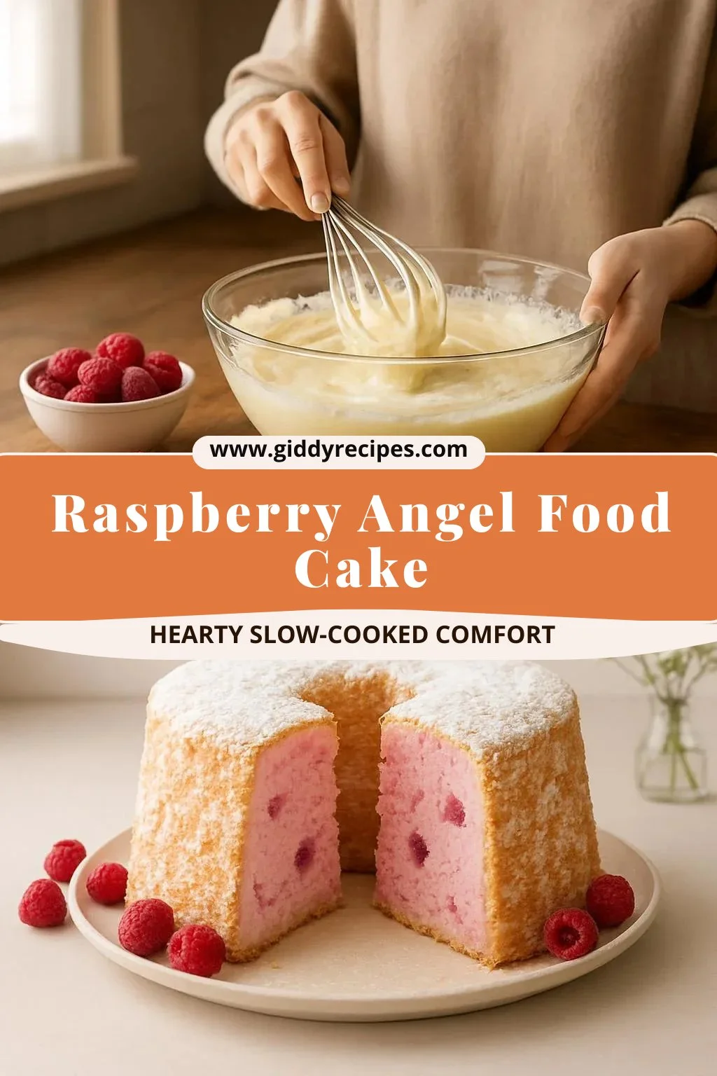 Delicious Raspberry Angel Food Cake topped with fresh raspberries