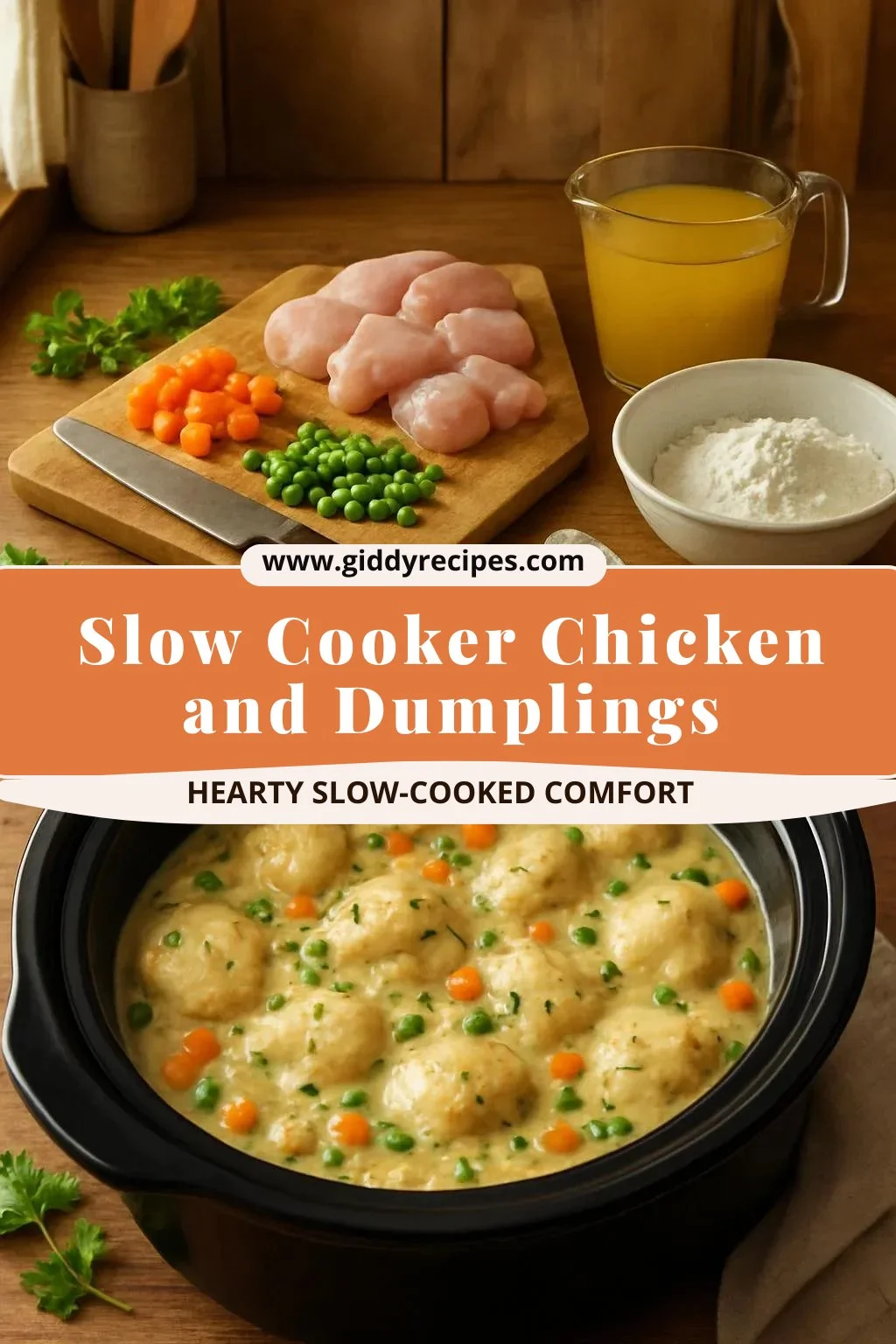 Bowl of slow cooker chicken and dumplings with herbs and biscuits