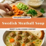 A bowl of hearty Swedish Meatball Soup with fresh herbs and meatballs.