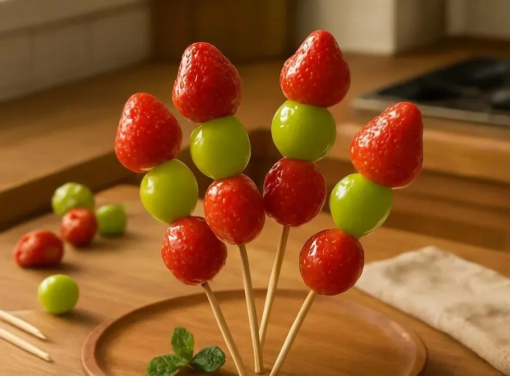 A vibrant display of candied hawthorn on a stick, a popular Chinese snack.