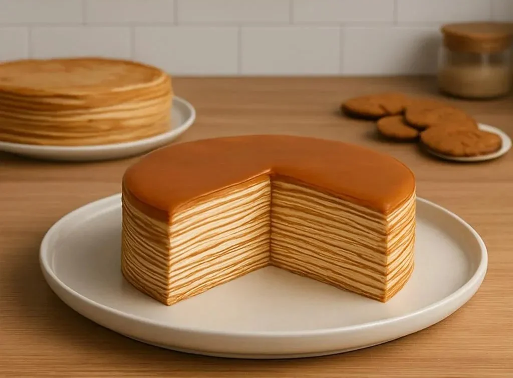 Vanilla & Speculoos Crêpe Cake layered with delicious crêpes and creamy filling.
