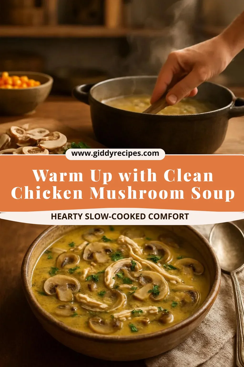 Bowl of clean chicken mushroom soup perfect for cozy nights