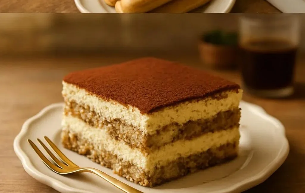 A delicious serving of authentic Italian Tiramisu dessert with cocoa dusting