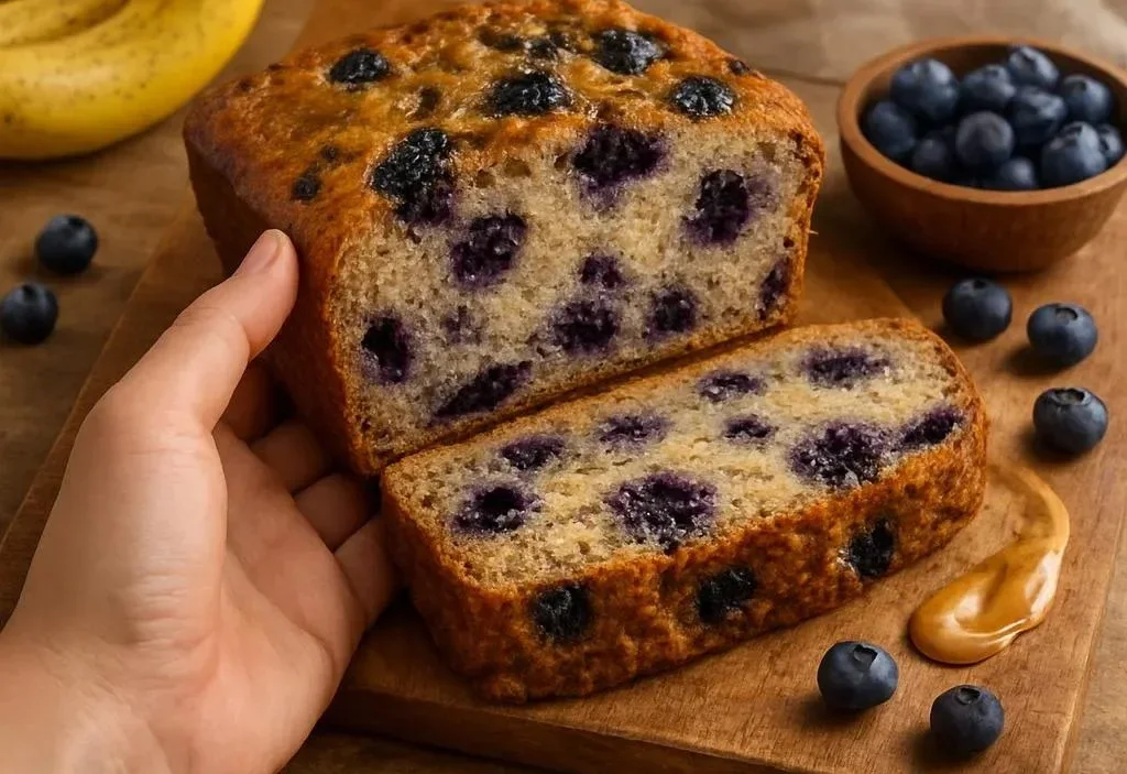 Loaf of delicious blueberry banana bread with fresh blueberries