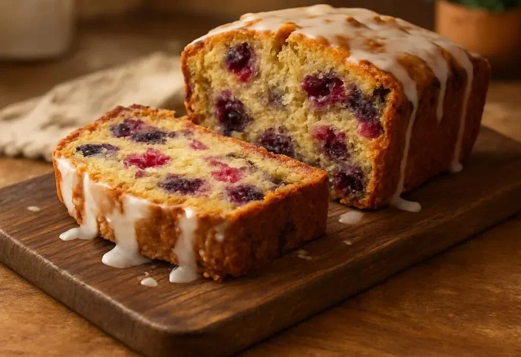 Freshly baked blueberry banana bread with blueberries on top