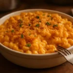 Creamy Buffalo Chicken Mac and Cheese topped with spicy sauce and cheese