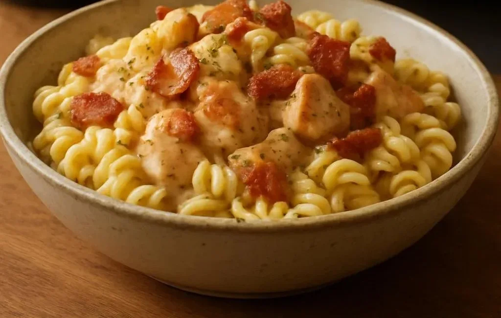 Bowl of Chicken Bacon Ranch Pasta with crispy bacon and fresh herbs