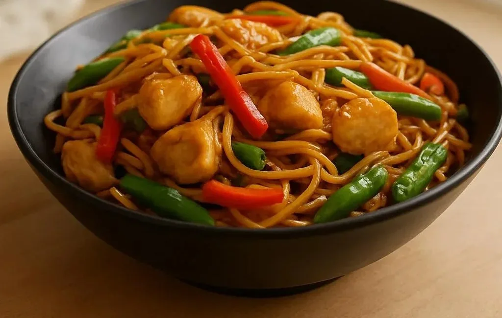 Delicious homemade Chicken Lo Mein served in a bowl with fresh vegetables.
