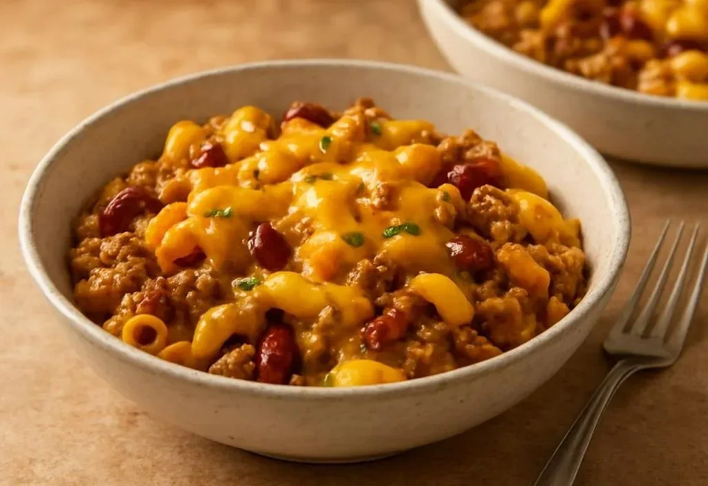 Chili Mac and Cheese 5 A creamy bowl of chili mac and cheese topped with melted cheese and herbs