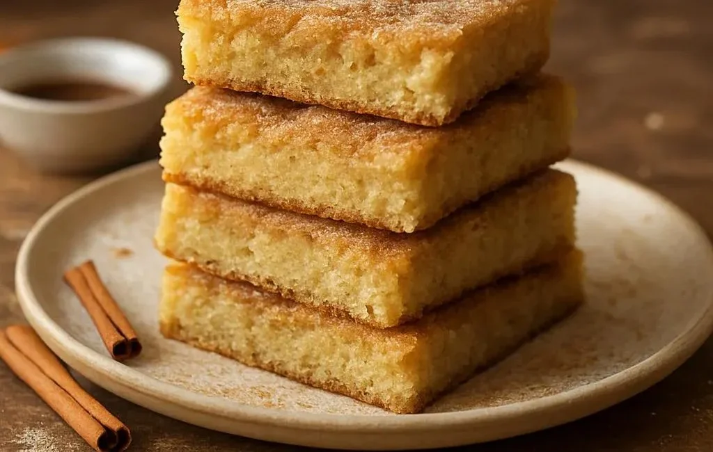 Delicious cinnamon sugar blondies fresh out of the oven, served on a plate.