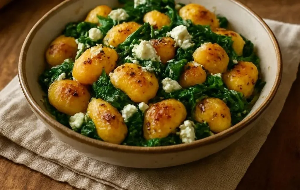 Creamy gnocchi with spinach and feta served in a bowl