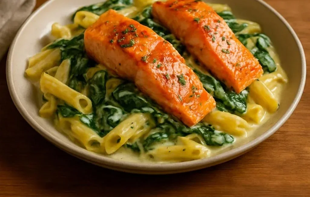 Creamy salmon pasta served in a bowl with herbs and spices for garnish.