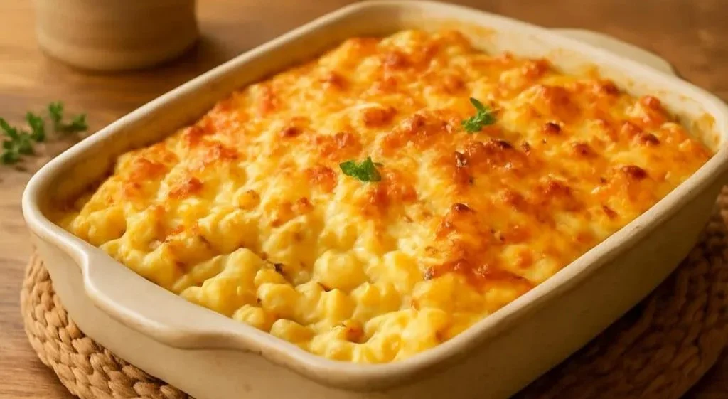 Creamy Southern baked mac and cheese served in a baking dish with golden crust