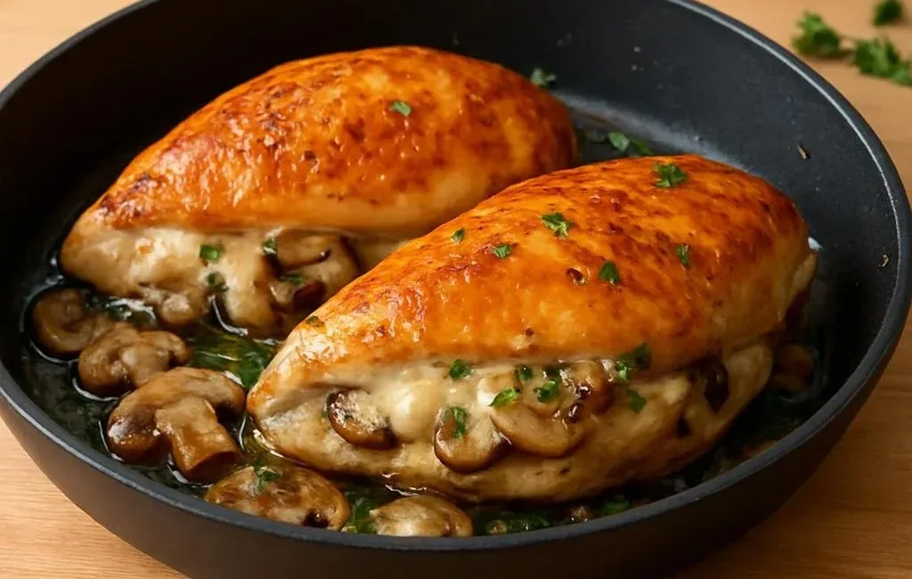Flavorful mushroom stuffed chicken breast dish served on a plate