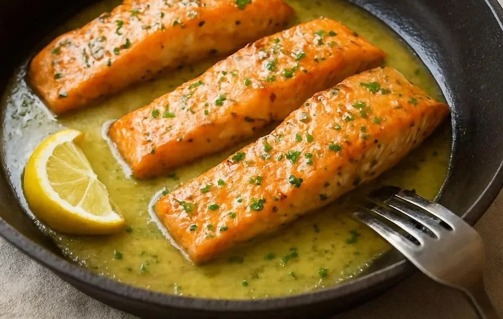 Delicious Garlic Butter Salmon fillet garnished with herbs and lemon