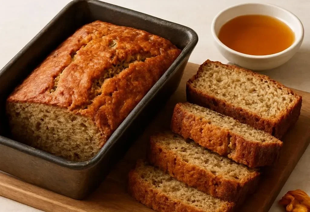 Slice of delicious gluten-free banana bread on a plate with ripe bananas