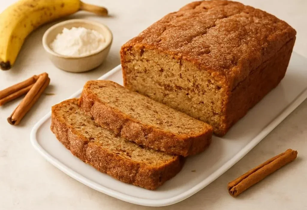 Gluten-free cinnamon swirl banana bread with sliced bananas on a wooden table.