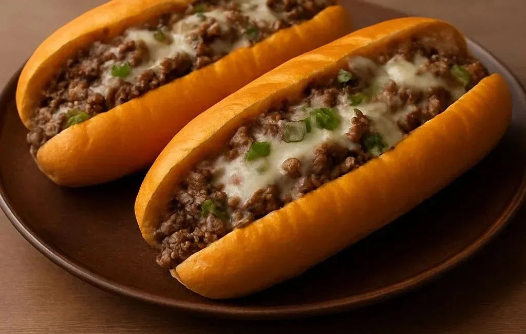 Ground Beef Philly Cheesesteak served with cheese and onions