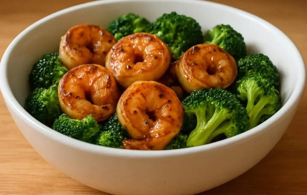 High-protein honey garlic shrimp served on a plate garnished with herbs.