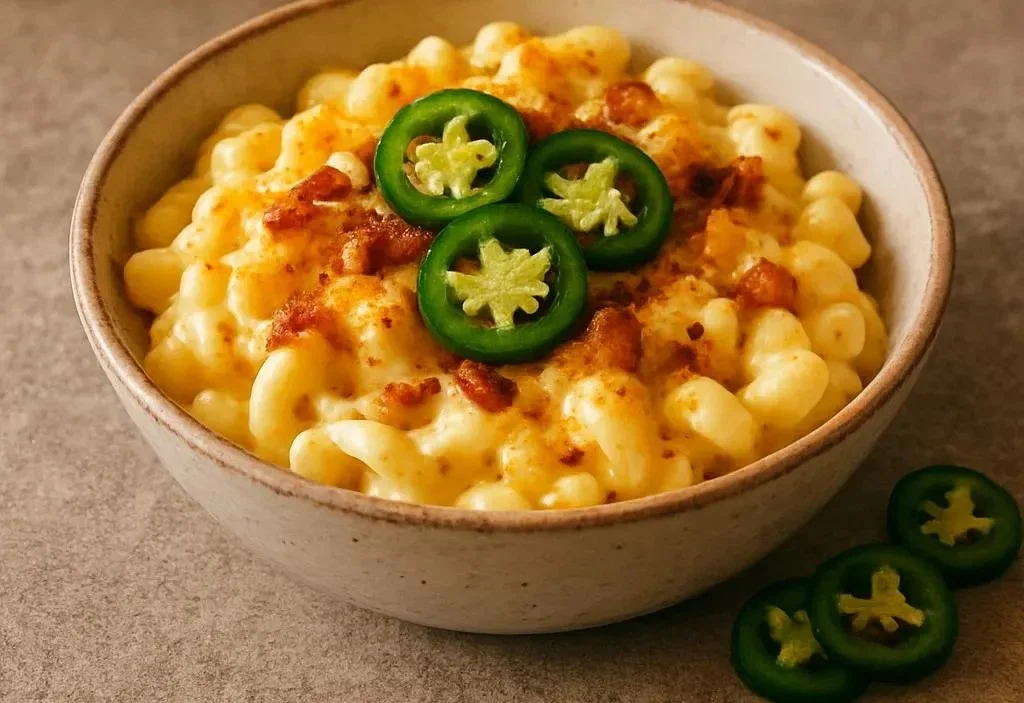 Creamy Jalapeno Bacon Mac and Cheese topped with crispy bacon and jalapenos