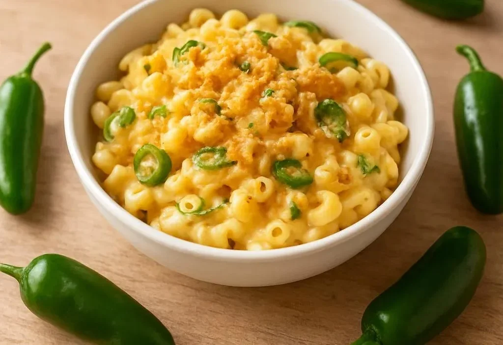 Creamy Jalapeno Popper Mac and Cheese topped with crispy breadcrumbs.