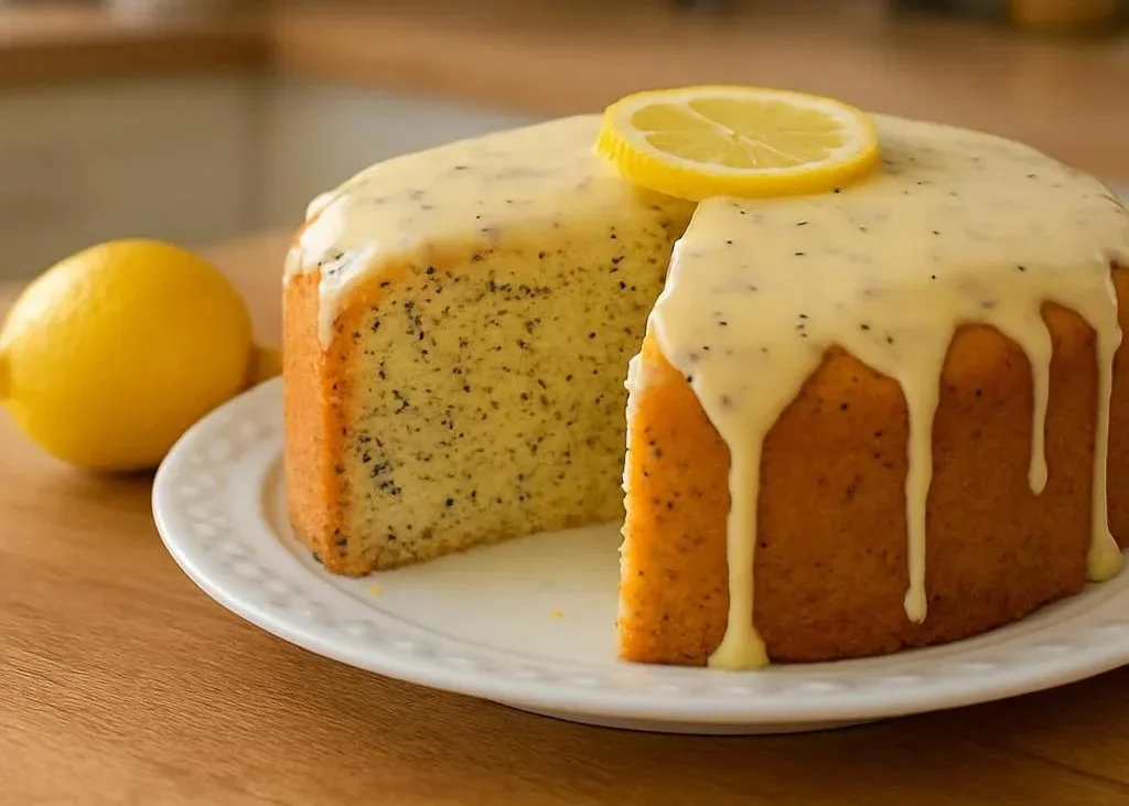Moist lemon poppy seed cake topped with fresh lemon glaze and poppy seeds