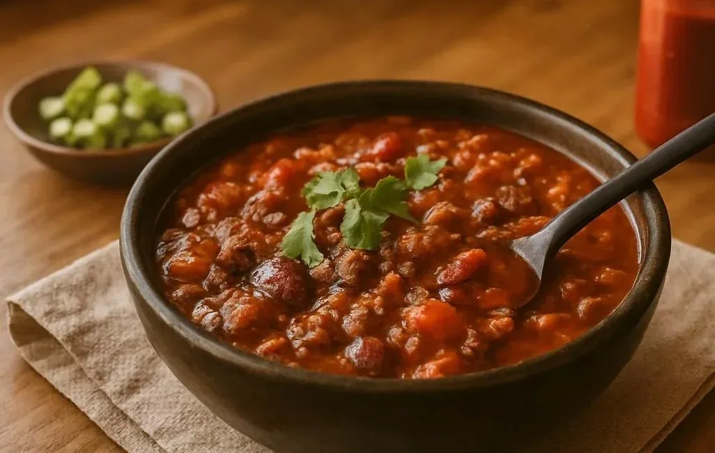 Bowl of homemade Old Fashioned Chili garnished with fresh herbs
