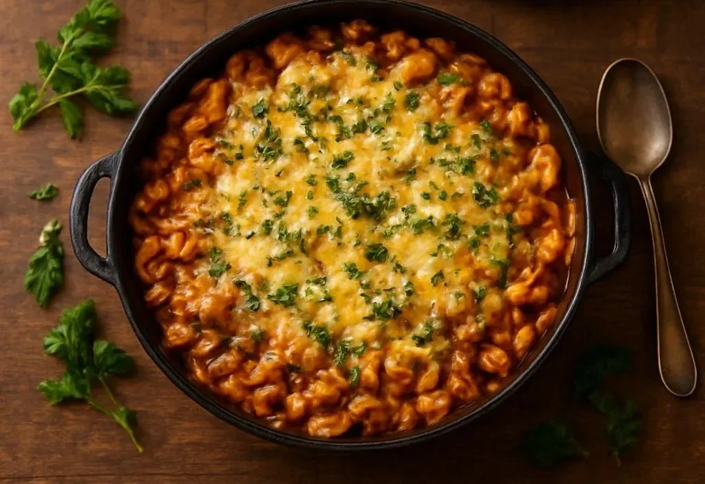 One Pot Chili Cheese Mac served in a bowl, topped with cheese and chili