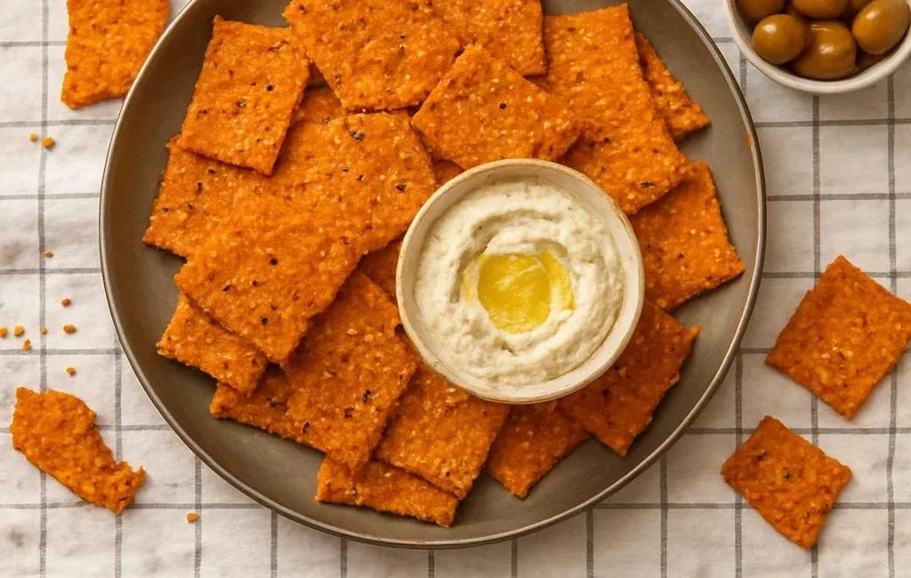 A bowl of protein-rich Red Lentil Crackers stacked for a healthy snack