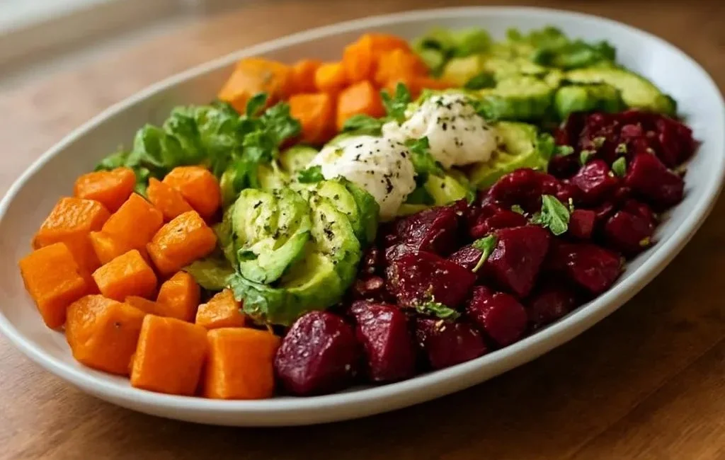 Roasted beet salad with sweet potato, avocado, whipped ricotta, and lemon-tahini drizzle