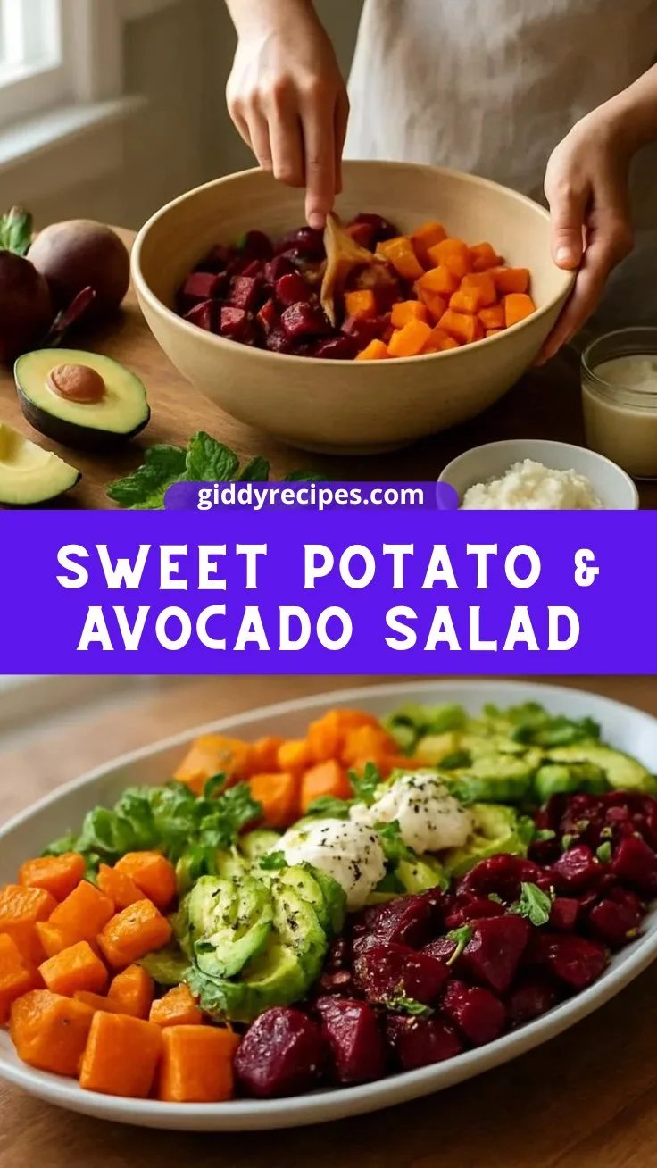 Roasted Beet, Sweet Potato & Avocado Salad with Whipped Ricotta & Lemon-Tahini Drizzle