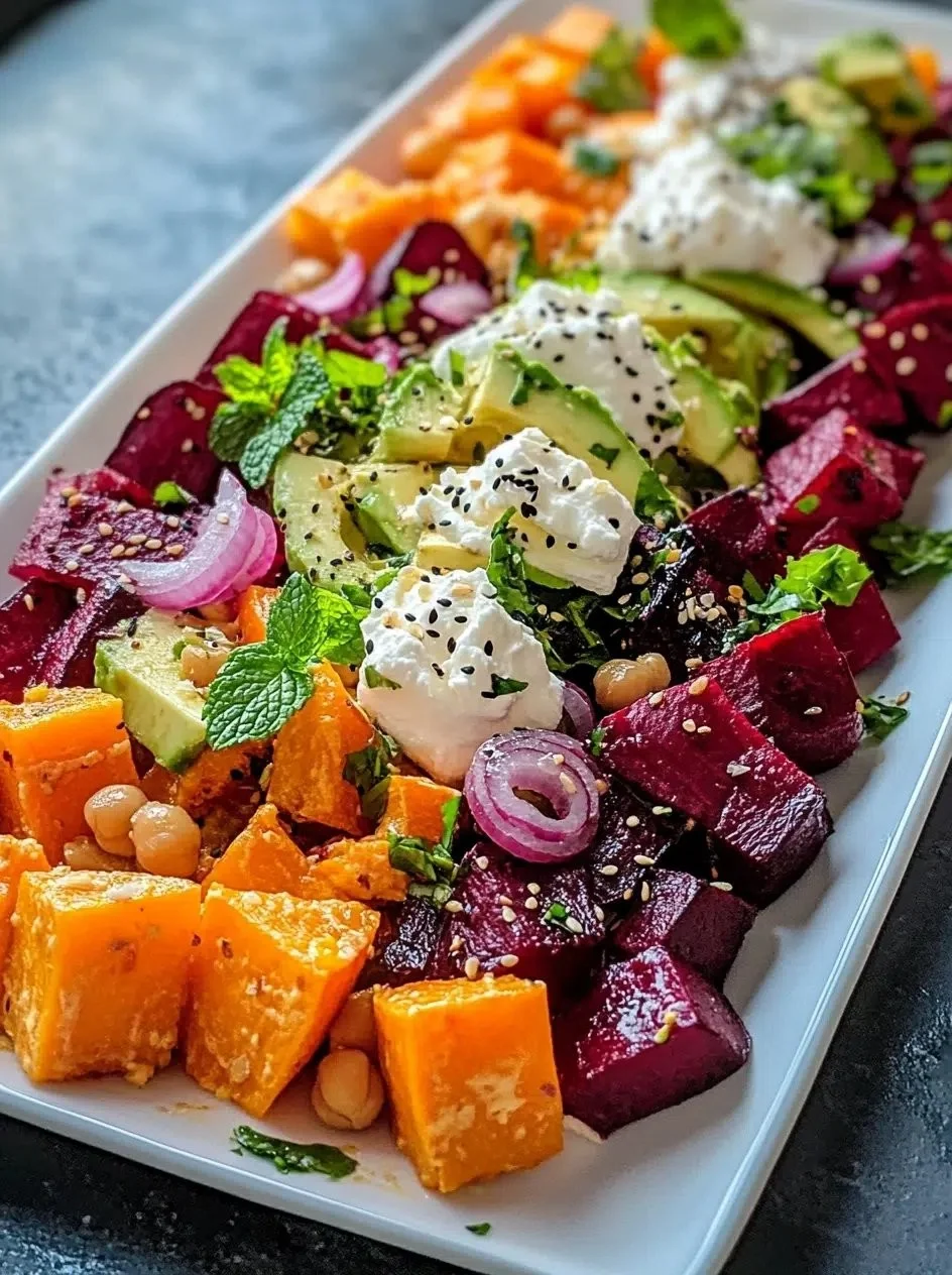 Roasted Beet, Sweet Potato & Avocado Salad with Whipped Ricotta & Lemon-Tahini Drizzle