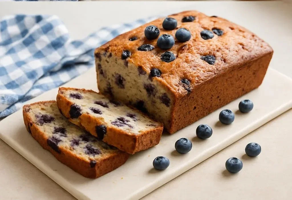 Sour cream blueberry banana bread sliced on a wooden cutting board