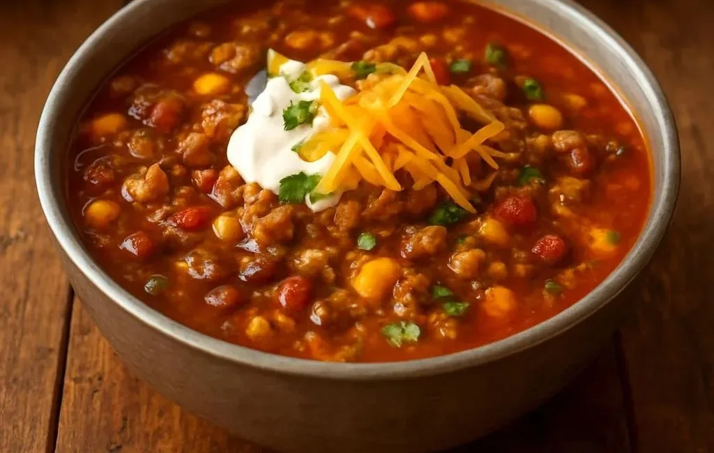 Bowl of flavorful Taco Soup topped with cheese and cilantro