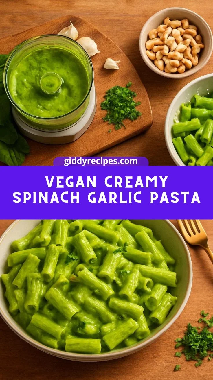 Vegan Creamy Spinach Garlic Pasta with Cashews and Parsley