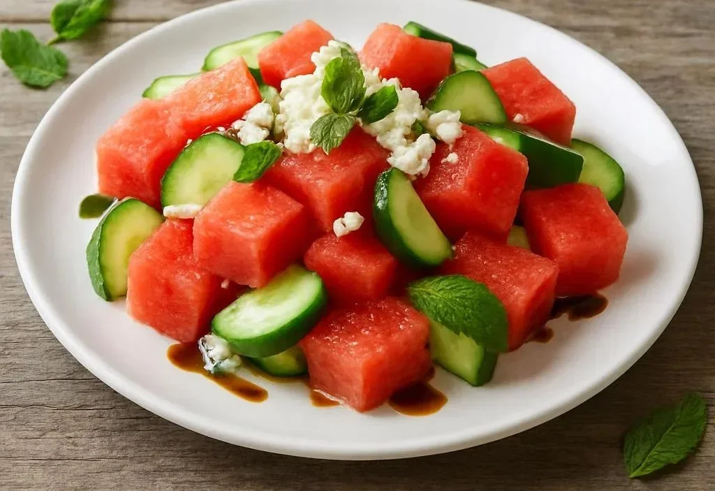 Delicious watermelon salad with fresh mint and feta cheese in a bowl